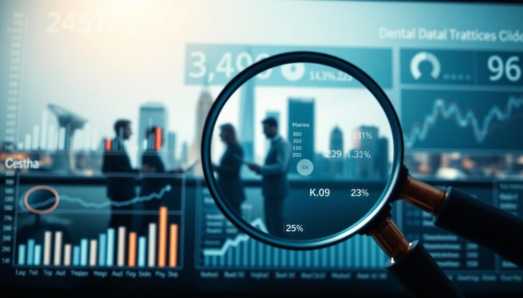 A data-driven dashboard highlighting the cost-benefit analysis of digital strategies for dental practices. The foreground showcases a magnifying glass scrutinizing various metrics and KPIs, emphasizing the need for data-informed decision-making. The middle ground depicts a team collaboration, with professionals discussing and strategizing digital campaigns. The background features a city skyline, symbolizing the broader digital landscape in which dental practices operate. The lighting is crisp and professional, capturing the analytical and strategic nature of the scene. The overall mood is one of thoughtful investigation, aiming to uncover the most effective and efficient digital marketing approaches for the dental industry.