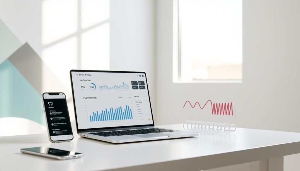A data-driven dental strategy visualization. A clean, minimalist workspace with a laptop, smartphone, and analytics dashboard displaying key performance metrics and insights. Soft, diffused lighting from a large window illuminates the scene, creating a calming, professional atmosphere. The background features abstract geometric shapes and gradients, subtly hinting at the digital and analytical nature of the subject matter. The overall composition conveys a sense of orderly, data-driven decision making, perfectly suited to illustrate the "Use Data to Create Strategies" section of the article.