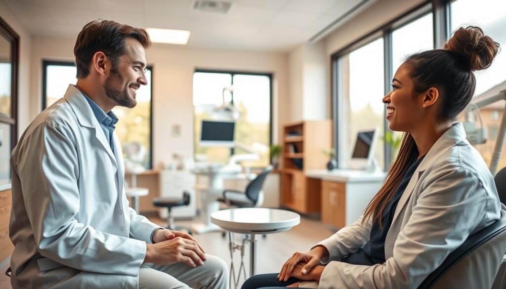 A dental clinic interior with a warm, welcoming atmosphere. In the foreground, a dentist in a white coat sits at a desk, engaged in a thoughtful discussion with a patient. The patient's face is expressive, indicating open and attentive communication. The mid-ground features modern dental equipment and a well-organized workspace, conveying professionalism and attention to detail. The background showcases large windows that let in natural light, creating a bright and calming environment. The overall scene captures the essence of clear, effective communication between a dentist and their patient.