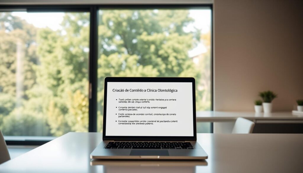 A dental clinic reception desk with modern, minimalist design featuring a large window overlooking a lush, green outdoor landscape. On the desk, a laptop displays a presentation slide with the title "Criação de Conteúdo para Clínica Odontológica" and bullet points highlighting key content creation strategies. The lighting is warm and natural, creating a calming, professional atmosphere. The image captures the essence of creating valuable content to engage dental patients, reflecting the section title "Como Criar Conteúdo de Valor para Pacientes".