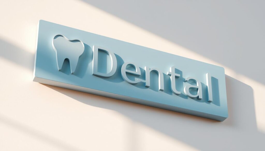A dental clinic signage in a modern, minimalist style floats against a soft, pastel-hued background. The sign features clean, elegant typography in a cool tone, complemented by a subtle graphic icon suggestive of dental care. The lighting is natural and diffused, casting gentle shadows that add depth and dimension. The scene conveys an atmosphere of professionalism, approachability, and patient-centric care, reflecting the essence of the article's section on creating engaging dental content.