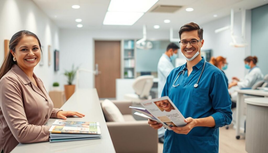 A dental clinic's patient loyalty strategies unfold in a vibrant visual tapestry. In the foreground, a welcoming receptionist greets patients with a warm smile, guiding them through seamless check-in procedures. The middle ground showcases a comfortable waiting area, where a selection of educational brochures and magazines engages clients, fostering a sense of trust and care. In the background, dental professionals meticulously attend to patients, their focused expressions and attentive body language conveying the clinic's commitment to personalized, high-quality service. Soft, diffused lighting sets an inviting ambiance, while clean, modern design elements suggest a state-of-the-art facility dedicated to patient satisfaction and loyalty.