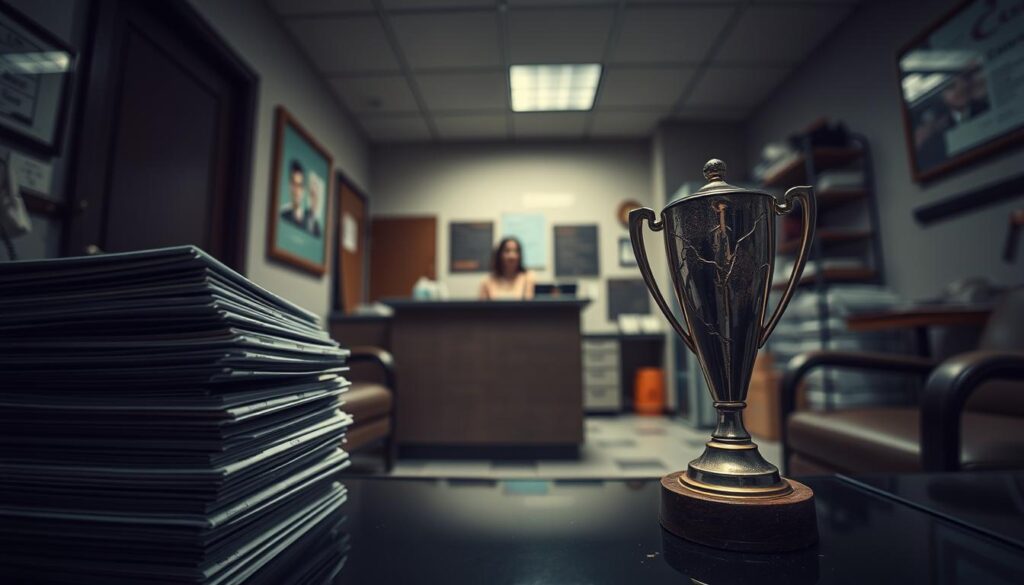 A dental clinic's waiting room, dimly lit, with a sense of unease and missed opportunities. In the foreground, a stack of outdated brochures and a cracked, dusty trophy - symbols of neglected marketing strategies. The middle ground features a lone receptionist, looking disinterested, while the background reveals a cluttered, disorganized office space. The atmosphere conveys a lack of professionalism and a missed chance to attract and retain patients. The scene is captured through a wide-angle lens, creating a sense of distance and detachment, emphasizing the disconnect between the clinic's potential and its current state.