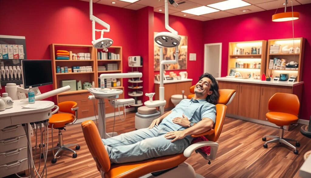 A dental office filled with vibrant colors and modern furnishings. In the foreground, a patient reclines comfortably in a state-of-the-art dental chair, receiving attentive care from a friendly, smiling dentist. The middle ground showcases an array of dental tools and equipment, meticulously organized and gleaming under the warm, soft lighting. In the background, a reception area with a welcoming atmosphere, featuring a cozy waiting area and a well-stocked display of dental products and merchandise, inviting patients to explore and engage with the practice's loyalty-building offerings. The overall scene radiates professionalism, efficiency, and a genuine dedication to patient satisfaction and retention.