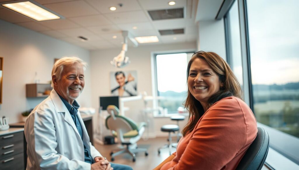 A dental office interior with a warm, welcoming atmosphere. In the foreground, a friendly dentist in a white coat interacts with a patient, their expressions conveying trust and care. Subtle lighting from overhead fixtures casts a soft glow, creating a calm and soothing environment. The middle ground features modern dental equipment and furnishings, arranged in a clean, organized manner. In the background, a large window offers a glimpse of a serene outdoor scene, further enhancing the sense of tranquility. The overall impression is one of a personalized, patient-centered approach to dental care.