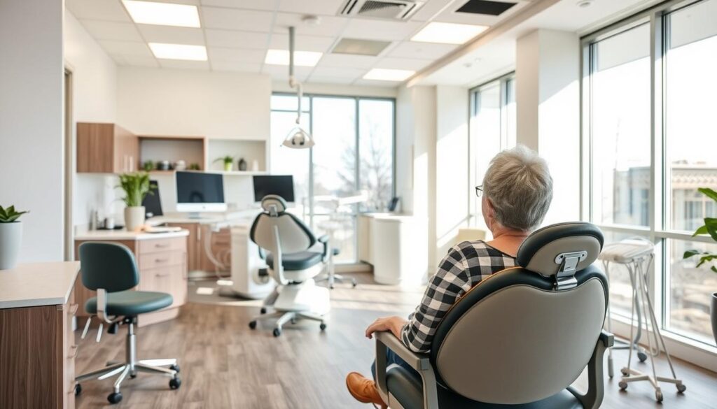 A dental office reception area, with a warm and inviting atmosphere. In the foreground, a patient sits comfortably in a chair, conversing with a friendly receptionist. The middle ground features modern, ergonomic dental equipment and a clean, organized workspace. The background showcases large windows that allow natural light to flood the space, creating a calming and serene environment. The overall mood is one of professionalism, empathy, and patient-centric care, conveying an exceptional dental experience.