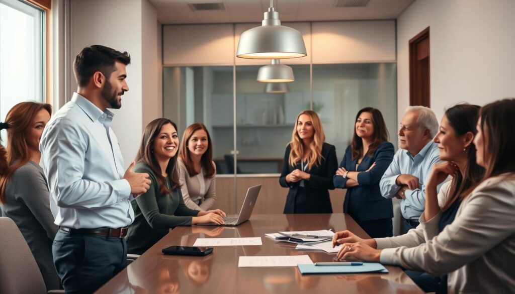 A dental office team gathered around a conference table, engaged in a meeting. The scene is bathed in warm, diffused lighting that casts a professional yet collaborative atmosphere. In the foreground, the practice manager stands, presenting ideas to the attentive staff, whose faces express a mixture of focus and enthusiasm. The middle ground features the team, each member contributing their unique perspectives, while the background showcases the modern, well-appointed office space, suggesting a harmonious and well-organized work environment. The overall composition conveys the essence of effective dental practice management - a cohesive, motivated team working together towards shared goals.