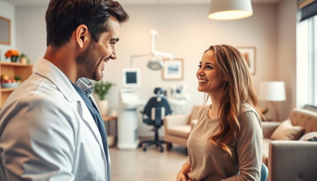 A dental patient's journey, captured in a warm and inviting scene. In the foreground, a friendly dentist greets a patient, their faces filled with a sense of trust and understanding. The middle ground showcases the examination room, with clean and modern equipment, creating a professional yet comfortable atmosphere. In the background, a cozy waiting area with plush seating and calming decor invites patients to relax before their appointment. Soft, natural lighting illuminates the scene, evoking a sense of care and well-being. The overall composition conveys the patient-centric approach of dental care, from the initial consultation to the post-treatment follow-up.