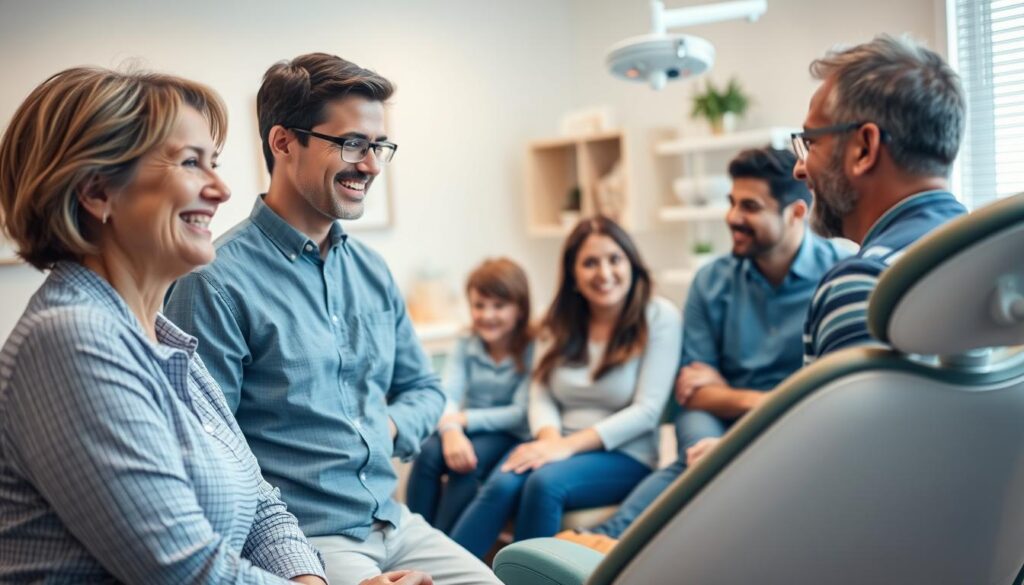 A dentist's office with a warm and inviting atmosphere, featuring a group of patients engaging in friendly conversation. The foreground shows a middle-aged woman smiling as she listens attentively to a younger man, their body language suggesting a positive rapport. In the middle ground, a family of three – a mother, father, and child – are seated together, their expressions conveying a sense of comfort and trust. The background depicts a well-lit, modern dental practice with tasteful decor, creating an environment that encourages patient loyalty and satisfaction. The lighting is soft and natural, evoking a calming, professional ambiance.