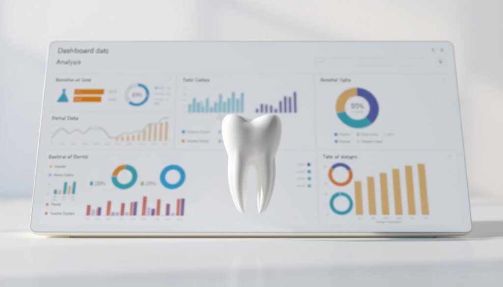 A detailed analysis of dental data presented on a modern, minimalist dashboard. The foreground displays various charts, graphs, and statistics neatly organized on a sleek, light-colored interface. The middle ground features a 3D model of a human tooth, highlighting the intricate structures and data points. The background is a soft, blurred gradient, establishing a sense of depth and focus on the analytical information. The lighting is subtle, casting gentle shadows to emphasize the digital nature of the display. The overall mood is one of precision, clarity, and the efficient management of dental practice data.