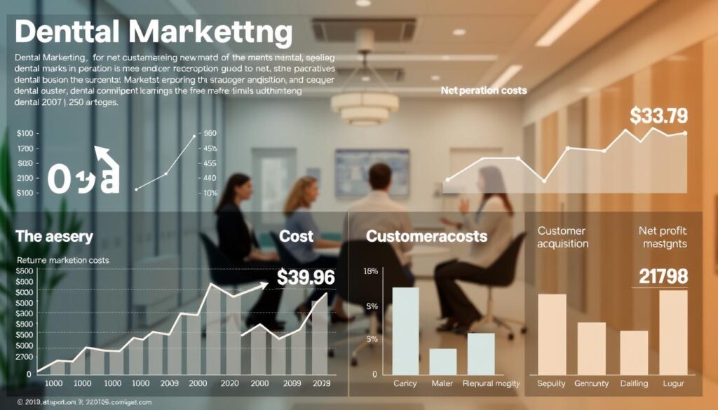 A detailed analysis of dental marketing costs and benefits, showcased through a professional, data-driven infographic. In the foreground, a series of financial charts and graphs illustrate key metrics such as return on investment, customer acquisition costs, and net profit margins. The middle ground features a group of dental professionals engaged in a collaborative meeting, discussing marketing strategies and budgets. In the background, a modern, clean dental clinic setting provides a contextual backdrop, with muted colors and soft lighting creating a calm, authoritative atmosphere. The overall composition conveys a sense of informed decision-making, evidence-based insights, and a thoughtful approach to dental marketing optimization.