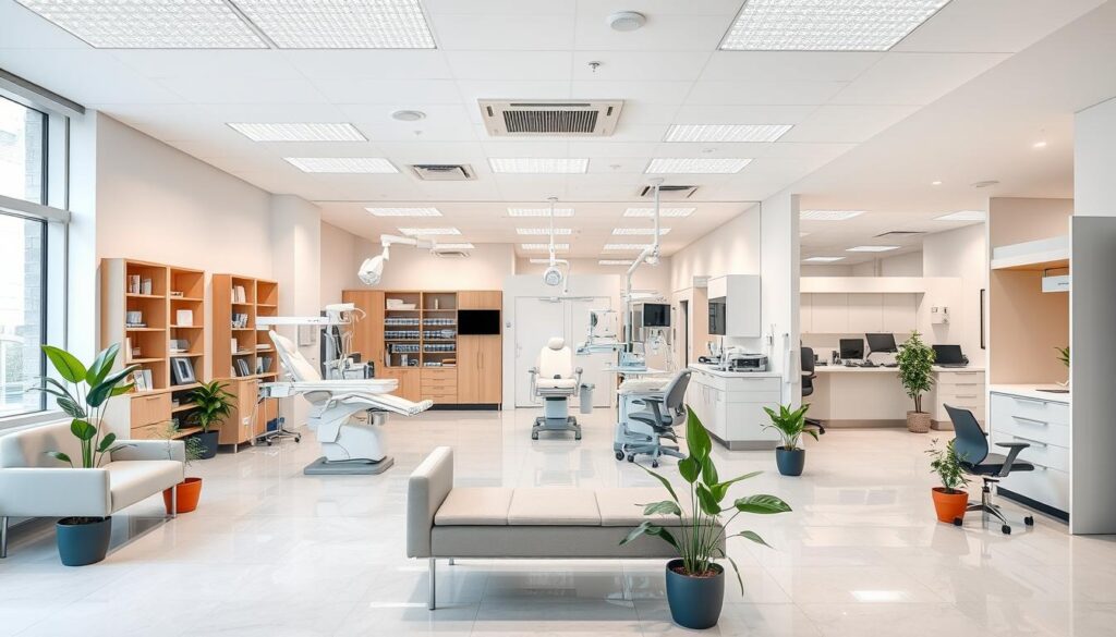 A detailed comparison of healthcare resources in a modern medical clinic. A spacious and well-lit reception area in the foreground, with sleek, minimalist furniture and potted plants adding a touch of nature. In the middle ground, various examination rooms and specialized equipment like dental chairs, x-ray machines, and cabinets filled with medical supplies. The background showcases a state-of-the-art laboratory and administrative offices, all connected by a clean, organized layout. The lighting is bright and even, accentuating the clinic's advanced technology and professional atmosphere. The overall impression is one of efficiency, comfort, and a commitment to patient care.