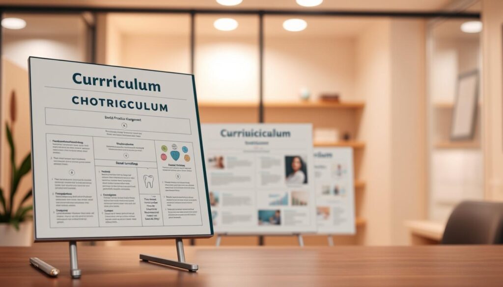 A detailed curriculum display with a clean, professional aesthetic. A desktop or display stands in the foreground, showcasing a well-organized curriculum structure in a soft, muted color palette. The middle ground features illustrations or infographics related to dental practice management, conveying key concepts. The background has a subtle, blurred office or clinic environment, suggesting the practical application of the curriculum. Warm, indirect lighting creates a calm, educational atmosphere. The overall composition emphasizes clarity, organization, and the integration of theoretical knowledge with real-world dental practice.