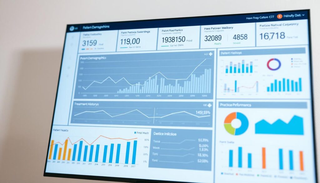 A detailed data analysis dashboard displaying various dental health metrics, including patient demographics, treatment histories, and practice performance indicators. The interface features intuitive visualizations such as line graphs, bar charts, and pie charts, with clean typography and a professional color scheme. The dashboard is presented against a soft, muted background, creating a sense of focus and clarity. Subtle lighting and camera angle emphasize the informative and analytical nature of the image, inviting the viewer to explore the insights that can inform decision-making in the dental practice.