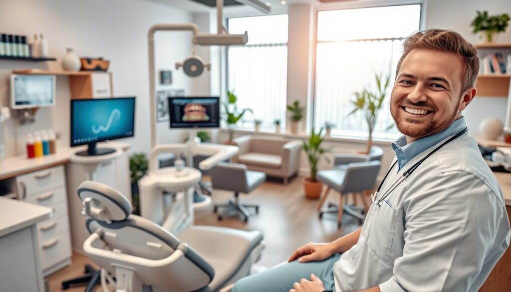 A detailed dental office interior with modern equipment and furnishings. The foreground features a dental chair, dental tools, and a smiling dentist. The middle ground showcases various dental hygiene products and a computer monitor displaying patient data. The background depicts a serene waiting area with comfortable seating, potted plants, and natural light streaming through large windows. The overall scene conveys a sense of professionalism, efficiency, and patient-centric care, highlighting the benefits of effective dental practice management.