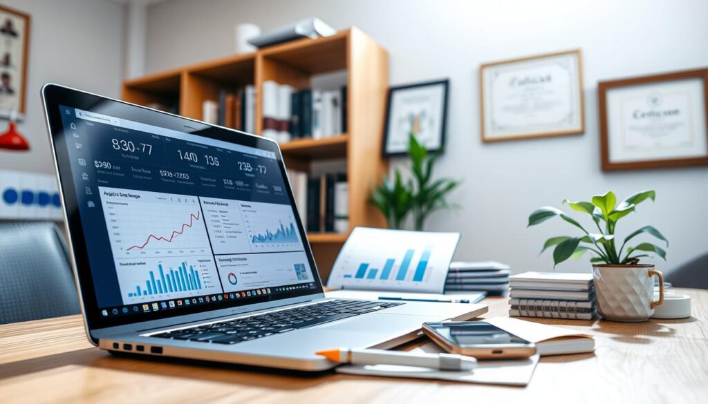 A detailed digital marketing analysis for a medical clinic, captured under bright, natural lighting with a wide-angle lens. The foreground shows a laptop screen displaying various analytics dashboards, charts, and reports. The middle ground features a desk with a pen, notebook, and a smartphone displaying social media metrics. In the background, a bookshelf with medical journals and a framed certificate indicating the clinic's expertise. The overall atmosphere conveys a sense of data-driven decision-making, strategic planning, and a commitment to effectively marketing the clinic's services.