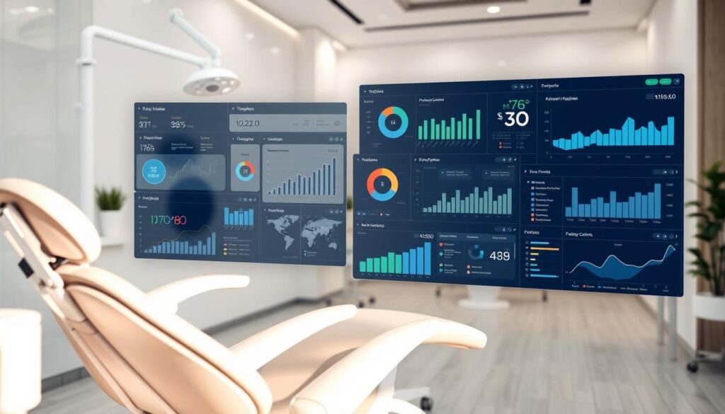 A detailed evaluation system for dental clinics, showcasing various analytical tools and data visualizations. In the foreground, a modern dental examination chair with sleek, minimalist design, bathed in warm, soft lighting. In the middle ground, a series of interactive dashboards and reports displaying key performance metrics, patient information, and treatment insights. The background features a minimalist, yet sophisticated office environment, with clean lines, neutral tones, and subtle technological accents. The overall mood is one of professionalism, efficiency, and clinical excellence, conveying the importance of thorough, data-driven decision-making in the management of a successful dental practice.