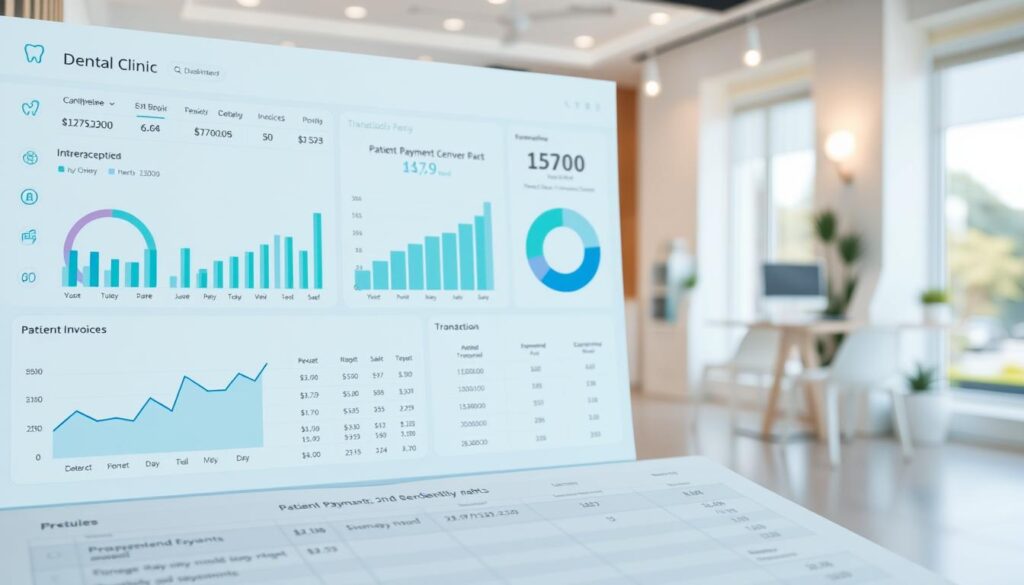 A detailed financial dashboard for a dental clinic, featuring a clean, minimalist design with soothing pastel colors. In the foreground, a series of interactive charts and graphs display key financial metrics such as revenue, expenses, and profitability, presented in a clear and intuitive manner. The middle ground showcases an organized ledger of transactions, invoices, and patient payment records, while the background subtly depicts a serene, modern dental office interior with natural lighting and calming decor. The overall atmosphere conveys a sense of control, organization, and financial wellness, essential for the successful management of a thriving dental practice.