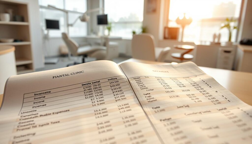 A detailed financial ledger with neatly organized columns of dental clinic income and expenses, set against a background of a modern, well-lit dental office. The ledger pages are illuminated by a warm, natural light filtering through large windows, casting a soft glow across the clean, organized workspace. The pages are filled with precise numerical data and carefully written notes, conveying a sense of meticulous financial management. The overall scene exudes a professional, well-controlled atmosphere, reflecting the importance of financial control for a successful dental practice.