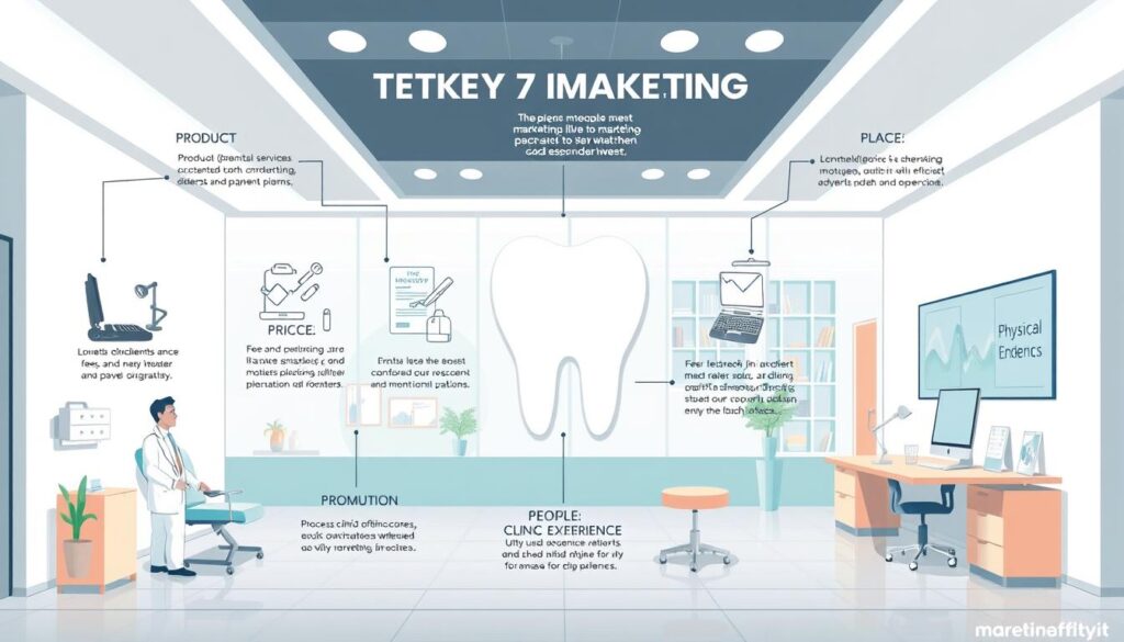 A detailed illustration showcasing the 7 key elements of dental marketing: Product (dental services), Price (fees and payment plans), Place (clinic location and accessibility), Promotion (advertising and patient outreach), People (dental staff and patient experience), Process (efficient clinic operations), and Physical Evidence (modern, clean facility). The image should have a professional, authoritative tone, depicting these marketing principles in a clear, visually-striking manner. The composition should be well-balanced, with the 7 elements arranged in an eye-catching layout. Utilize a sophisticated color palette, crisp lighting, and a slight perspective to create depth and emphasis. Overall, the illustration should clearly communicate the application of marketing fundamentals to the dental industry.