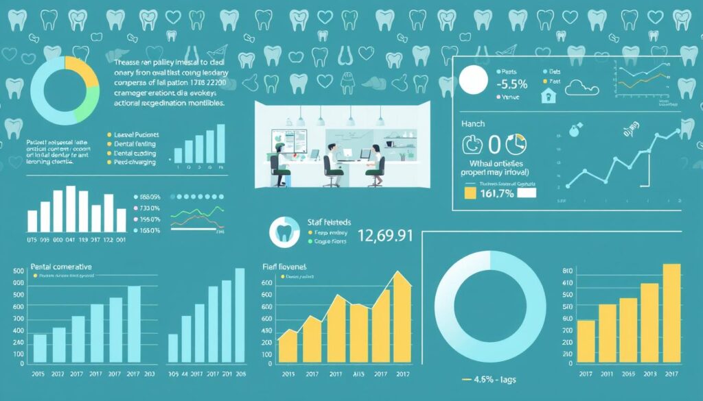 A detailed infographic displaying key performance indicators for a dental clinic. In the foreground, various data visualizations such as bar graphs, pie charts, and line graphs showcase metrics like patient satisfaction, treatment completion rates, revenue, and staff productivity. In the middle ground, a stylized illustration of a dental office with patients and staff going about their daily tasks. In the background, a minimalist pattern of dental symbols and icons in a soothing color palette. The overall scene is captured in a crisp, high-resolution image with balanced lighting and a clean, professional aesthetic, conveying the importance of using data-driven insights to optimize dental practice management.