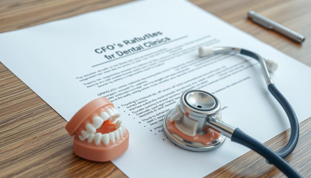 A detailed regulatory document on a wooden desk, with a stethoscope and a dental model in the foreground. The document's title and details are clearly visible, indicating the CFO's regulations for dental clinics. The lighting is soft and diffused, creating a professional and authoritative atmosphere. The composition has a clean, organized layout, emphasizing the importance of the subject matter. The background is slightly blurred, keeping the focus on the regulatory document and medical instruments.