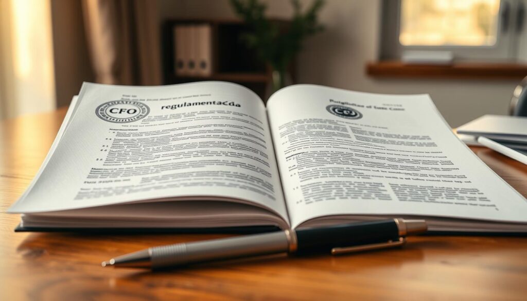 A detailed regulatory document titled "regulamentação CFO odontologia" lies open on a wooden desk, illuminated by warm, natural lighting filtering through a window. The document's pages feature intricate legal text and official seals, conveying the importance and authority of dental industry regulations. In the foreground, a professional, modern-looking pen rests beside the document, hinting at the process of carefully reviewing and understanding these guidelines. The background softly blurs, focusing the viewer's attention on the central legal document, which represents the legal aspects of marketing for dentists.