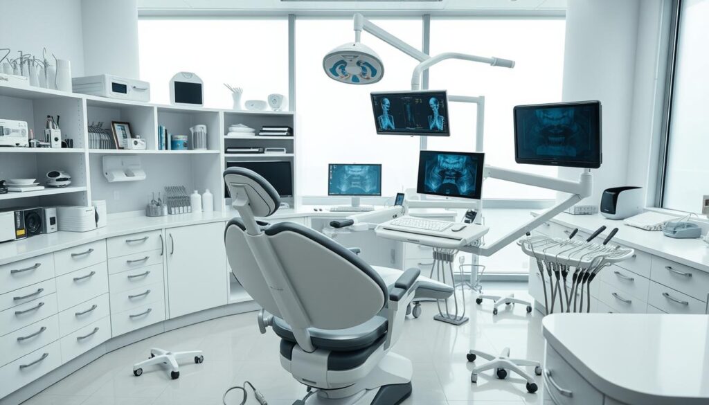 A detailed, well-organized clinical setting with various dental equipment and tools arranged neatly on pristine white surfaces. In the foreground, an advanced dental chair with adjustable sections and modern ergonomic design. Behind it, shelves holding an array of sterilized instruments, x-ray viewers, and other essential items. The middle ground showcases a sleek, minimalist dental workstation with a computer monitor, keyboard, and other administrative tools. The background features bright, diffused lighting from large windows, creating a calm, professional atmosphere. The overall scene conveys a sense of efficient, organized dental operations with a focus on patient comfort and state-of-the-art technology.