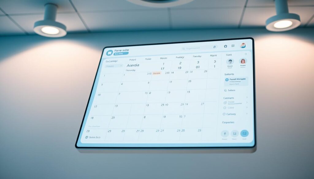A digital agenda for a dental clinic, featuring a clean, modern interface with a calendar, patient management tools, and intuitive navigation. The layout is visually appealing, with a soothing color palette and minimalist icons. The design promotes efficiency, organization, and a seamless workflow, reflecting the clinic's commitment to delivering exceptional patient care. Soft lighting from overhead sources casts a warm glow, creating a professional yet welcoming atmosphere. The angle captures the agenda in a dynamic, three-dimensional perspective, showcasing its user-friendly functionality and the clinic's embrace of digital solutions.