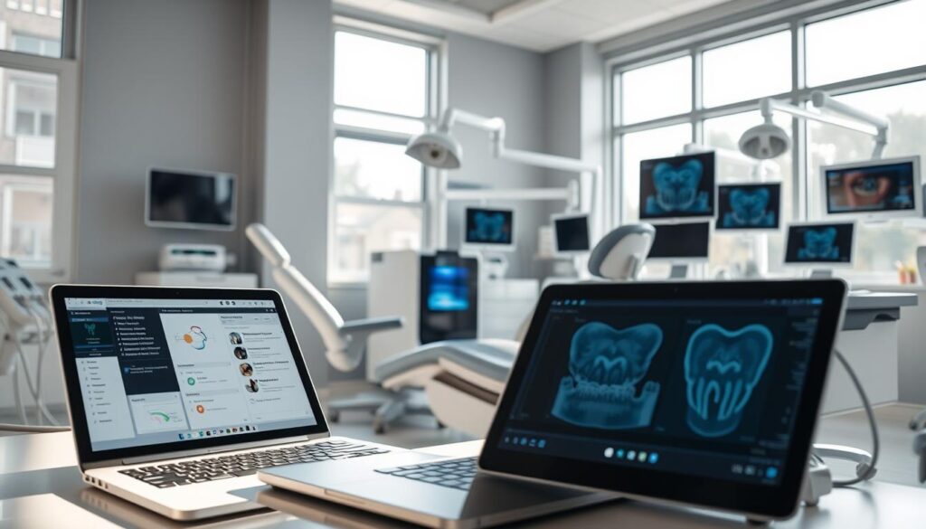 A digital dental clinic, illuminated by natural light streaming through large windows. In the foreground, a sleek laptop and tablet display various dental software and patient information. The middle ground features a professional-grade dental chair, gleaming chrome instruments, and a 3D printer producing custom dental prosthetics. In the background, an array of high-tech diagnostic equipment, including digital X-ray units and intraoral scanners, convey the state-of-the-art nature of the practice. The overall atmosphere is one of technological sophistication, clinical efficiency, and a patient-centric approach to modern dentistry.