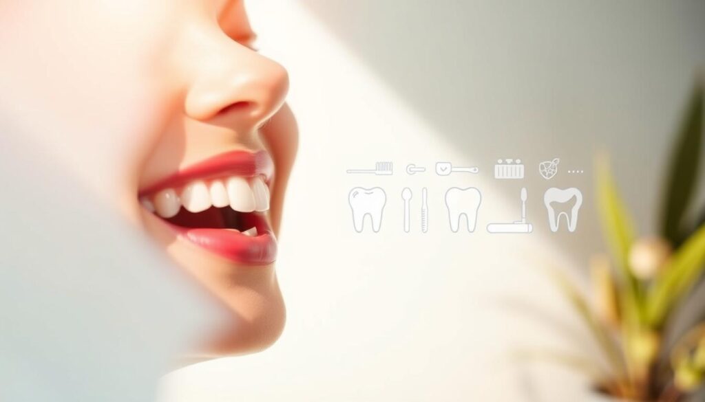 A digital dental health advertisement, featuring a clean, modern design. In the foreground, a closeup of a healthy, bright smile against a white backdrop, highlighting the importance of oral care. In the middle ground, dental hygiene icons such as toothbrushes, floss, and dental tools, conveying the comprehensive nature of the services. The background is a soft gradient, evoking a sense of professionalism and wellness. Warm, natural lighting illuminates the scene, creating a calming, inviting atmosphere. The overall composition emphasizes the benefits of maintaining good oral health through digital advertising.