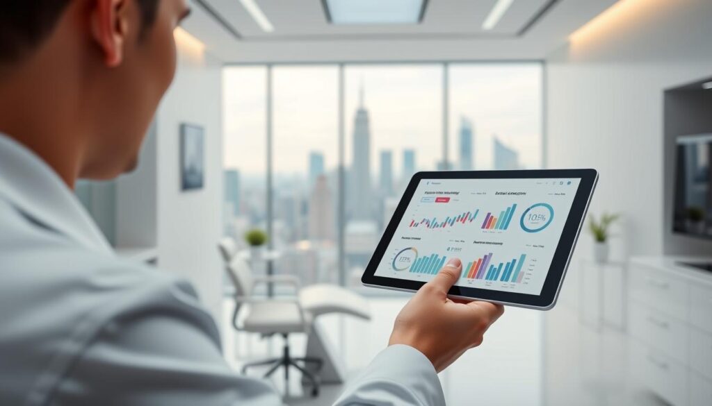 A digital dental marketing campaign with a modern, professional aesthetic. In the foreground, a dentist's hand holding a tablet displaying graphs, charts, and digital marketing analytics. The middle ground features a sleek, minimalist dental office interior with clean lines and pale hues. In the background, a city skyline with skyscrapers and technology-inspired architectural elements, conveying the digital and innovative nature of the marketing. The lighting is soft and indirect, creating an atmosphere of expertise and sophistication. The overall mood is one of technological progress, data-driven insights, and a forward-thinking dental practice.