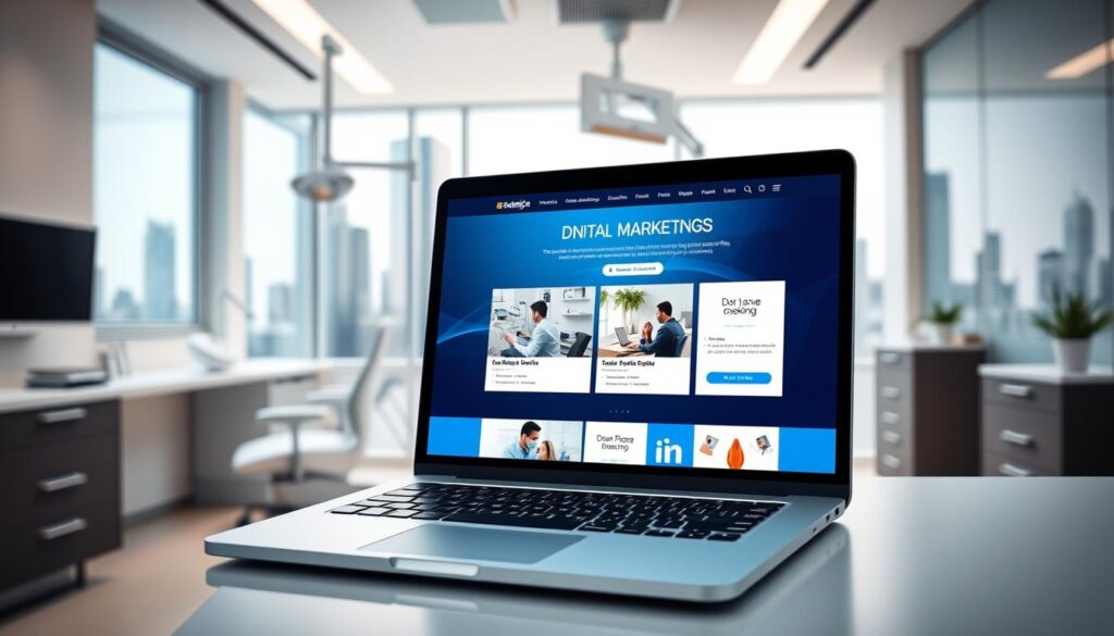 A digital dental marketing scene with a focus on online presence and engagement. In the foreground, a modern dentist's office with sleek, minimalist decor and state-of-the-art equipment. In the middle ground, a laptop displaying a website promoting dental services, social media profiles, and online appointment booking. In the background, a city skyline with skyscrapers, conveying a sense of a thriving, tech-savvy urban environment. The lighting is bright and clean, with soft shadows emphasizing the digital elements. The mood is professional, innovative, and welcoming, reflecting the integration of digital marketing strategies in the field of dentistry.