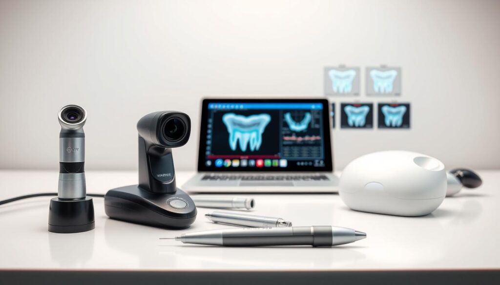 A digital dental toolkit resting on a clean, minimalist desktop. In the foreground, modern tools such as a dental camera, digital x-ray sensor, and intraoral scanner are neatly arranged. The middle ground showcases a tablet or laptop displaying dental software interfaces, highlighting the integration of technology in the practice. The background features a neutral, well-lit environment, conveying a sense of professionalism and efficiency. The scene emanates a sleek, contemporary aesthetic, reflecting the powerful and accessible digital tools available to empower dentists in their practice.