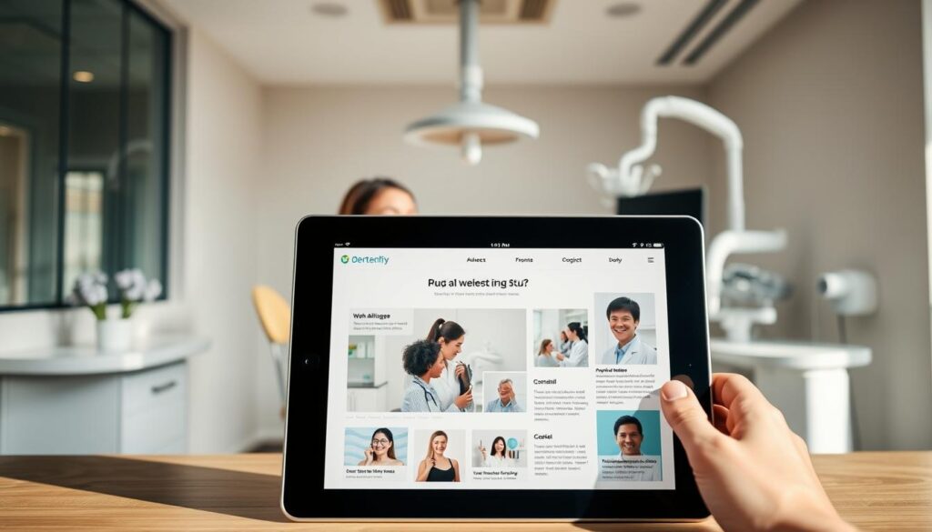 A digital marketing campaign for a dental clinic featuring a clean, professional aesthetic. In the foreground, a tablet displays well-designed social media posts, email newsletters, and a modern website. In the middle ground, a dentist consults with a patient, emphasizing the clinic's personalized, high-quality care. The background showcases the clinic's sleek, minimalist interior with state-of-the-art equipment. Warm, natural lighting illuminates the scene, conveying a sense of trust and expertise. The overall mood is one of a forward-thinking, tech-savvy dental practice committed to patient satisfaction and digital outreach.