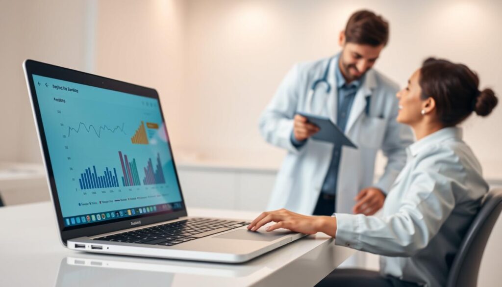 A digital marketing campaign for dentistry, featuring a modern laptop with charts and graphs on the screen, showcasing analytics and metrics. In the middle ground, a dentist in a white coat consulting with a patient, illustrating the application of digital marketing strategies in a dental practice. The background depicts a minimalist office setting, with clean lines and muted colors, creating a professional and inviting atmosphere. Soft, directional lighting adds depth and warmth to the scene, highlighting the key elements. The overall tone conveys the benefits of incorporating digital marketing tactics to enhance a dentist's practice and patient engagement.