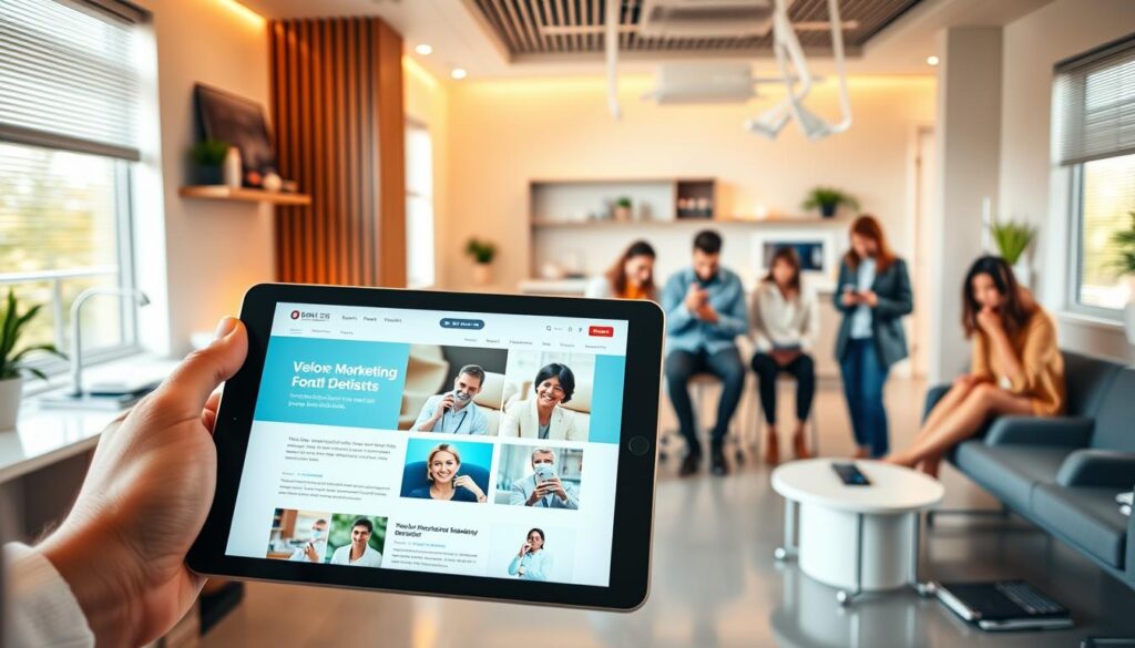 A digital marketing campaign for dentists, set in a modern, vibrant office. In the foreground, a dentist's hand holds a tablet displaying a visually appealing website design, showcasing their services. In the middle ground, a group of patients in the waiting room engage with their smartphones, representing the digital audience. The background features a clean, minimalist dental clinic interior with stylish decor and high-tech equipment, conveying professionalism and innovation. Warm, natural lighting illuminates the scene, creating a welcoming atmosphere. A sense of efficiency, technology, and patient-centered care permeates the image.