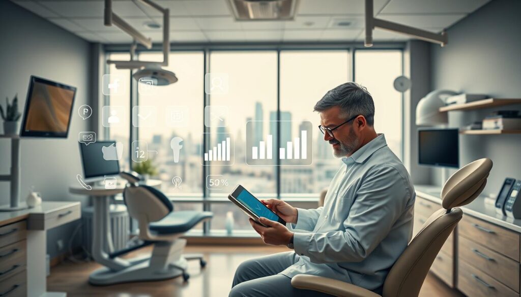 A digital marketing strategies for dentists scene, featuring a dentist's office interior with modern medical equipment, sleek design, and a warm, inviting atmosphere. In the foreground, a dentist consults with a patient on a tablet, discussing online marketing tactics. The middle ground showcases a display of social media icons, analytics charts, and digital advertising assets. The background depicts a city skyline visible through large windows, symbolizing the reach and impact of digital marketing. The lighting is soft and natural, creating a professional yet approachable ambiance. Captured with a wide-angle lens to encompass the full scope of the digital marketing strategies employed within the dentist's practice.