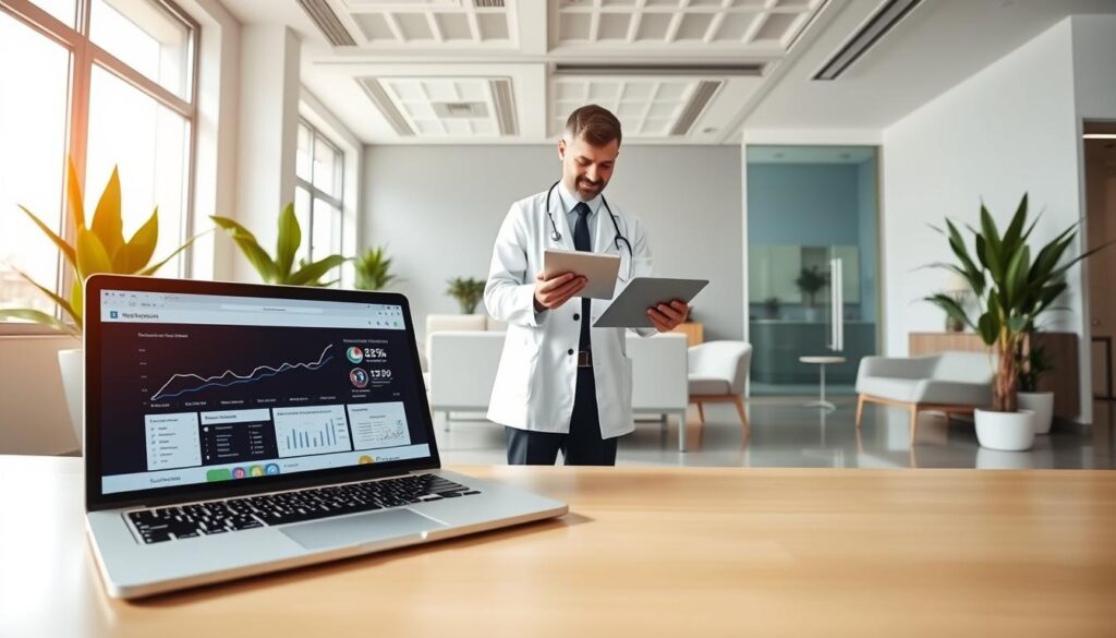 A digital marketing strategy for a dental clinic, captured with a wide-angle lens in a clean, modern office. In the foreground, a laptop displays analytics and social media platforms. In the middle, a dentist examines patient records on a tablet, while the background shows a reception area with sleek furniture and potted plants, creating a professional yet welcoming atmosphere. Bright, natural lighting filters through large windows, highlighting the clinic's commitment to technology and patient-centric care.