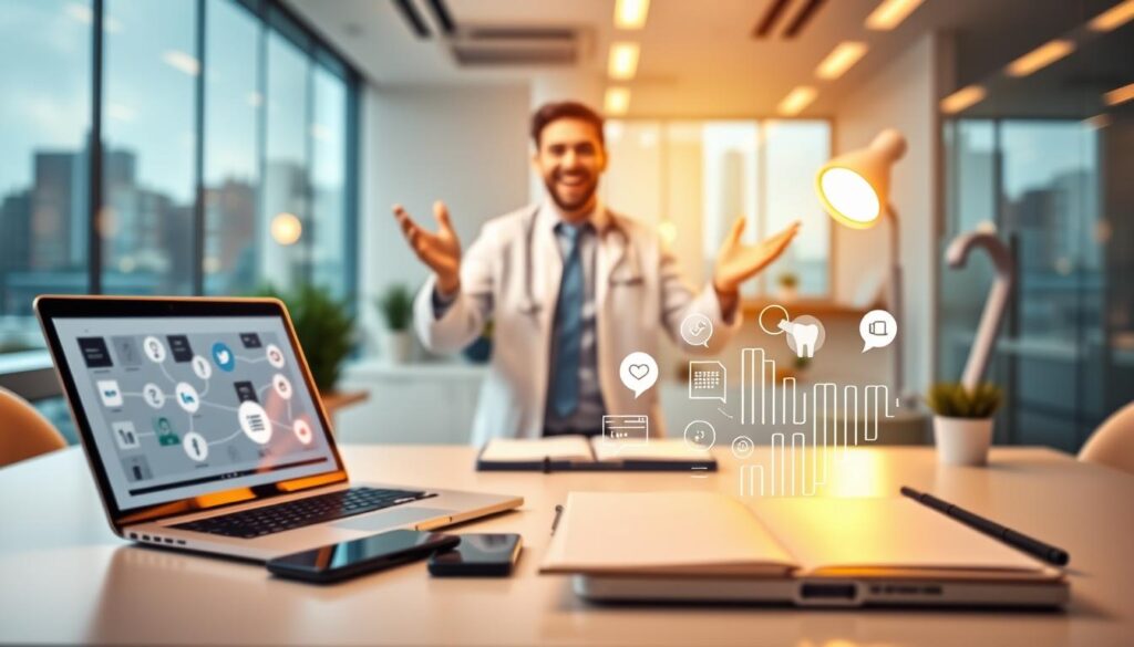 A digital marketing strategy for a dental practice, with a vibrant and inviting atmosphere. In the foreground, various digital marketing tools and platforms, such as a laptop, smartphone, and social media icons, are arranged on a clean, minimalist desk. The middle ground showcases a dentist or dental professional enthusiastically explaining or presenting these strategies, surrounded by a warm, professional lighting setup. In the background, a blurred cityscape or office environment provides a sense of context and professionalism. The overall tone is one of expertise, effectiveness, and a commitment to leveraging digital marketing to grow a successful dental practice.