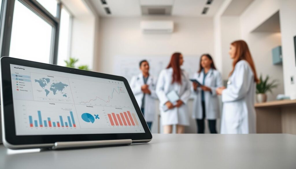 A digital marketing strategy for a medical clinic, captured with a wide-angle lens in natural lighting. In the foreground, a tablet displays graphs and analytics, representing data-driven decision-making. In the middle ground, a group of medical professionals collaborate, discussing marketing tactics on a whiteboard. The background features a modern, minimalist clinic interior with clean lines and soothing colors, conveying a professional, trustworthy atmosphere. The overall mood is one of strategic planning, technological integration, and a focus on patient-centric approach to marketing.