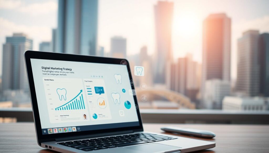 A digital marketing strategy for dentists, featuring a clean and modern composition. In the foreground, a laptop with a dental-themed presentation or analytics dashboard. In the middle ground, a group of dental icons and graphics representing various digital marketing tactics like social media, email, SEO, and online advertising. In the background, a blurred, pastel-toned cityscape with skyscrapers, symbolizing the digital landscape. Bright, natural lighting illuminates the scene, creating a professional and aspirational atmosphere. The overall mood conveys the power of digital marketing to grow a successful dental practice.
