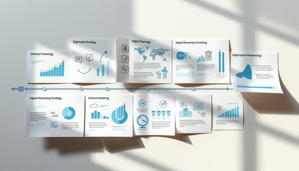 A digital marketing strategy for dentists, unfolding step-by-step. Detailed infographics and icons arrange themselves in a clean, modern layout. Warm, natural lighting casts subtle shadows, creating depth and dimension. The composition balances data visualization, iconography, and minimal text, conveying the essence of a comprehensive digital marketing plan. Muted, professional color palette of blues, grays, and whites. The overall mood is informative, practical, and visually engaging, befitting the subject matter.