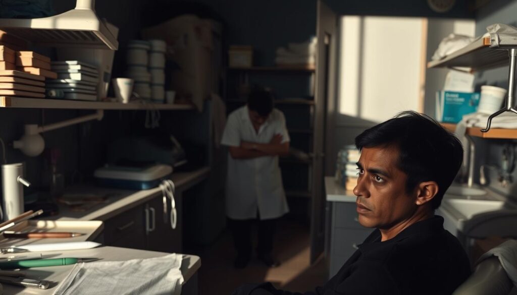 A dimly lit dental clinic, the counters cluttered with outdated equipment and worn-down tools. In the foreground, a patient sits apprehensively, their expression a mixture of frustration and resignation. The middleground reveals a beleaguered dentist, shoulders slumped, struggling to provide adequate care with limited resources. In the background, shelves sag under the weight of sparse medical supplies, casting long shadows across the room. The overall atmosphere conveys the limitations and challenges faced by free dental systems, the image a stark contrast to the idealized notions of accessible, high-quality care.