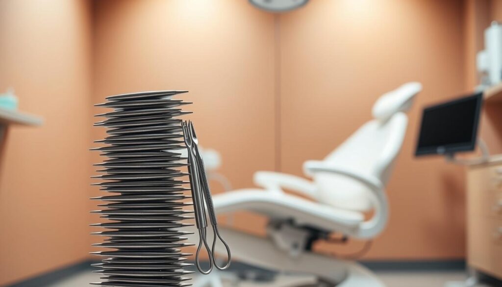A distinctive dental office against a soft, blurred backdrop. In the foreground, a stack of dental tools and equipment stands out, meticulously arranged to convey a sense of professionalism and attention to detail. The middle ground features a modern, ergonomic chair with clean, minimalist lines, hinting at a patient-centric approach. In the background, a warm, natural-toned wall creates a calming, inviting atmosphere, while strategically placed lighting casts a subtle glow, emphasizing the sleek, sophisticated design. The overall composition suggests a dental practice that prioritizes quality, innovation, and a personalized patient experience, standing out from the competition.