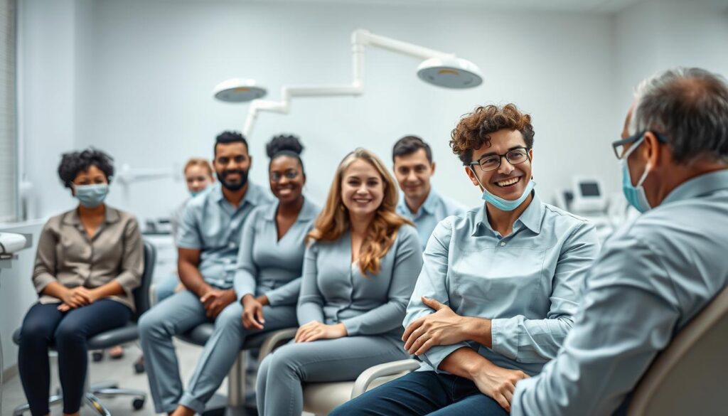 A diverse group of individuals representing a dental patient population, seated in a modern, well-lit dental clinic. In the foreground, a middle-aged adult patient engages with a dentist, while other patients of varying ages and backgrounds wait their turn in the middle ground. The background features high-end dental equipment and a calming, professional atmosphere. The overall scene conveys a sense of inclusivity, trust, and the clinic's dedication to serving a wide range of dental patients.