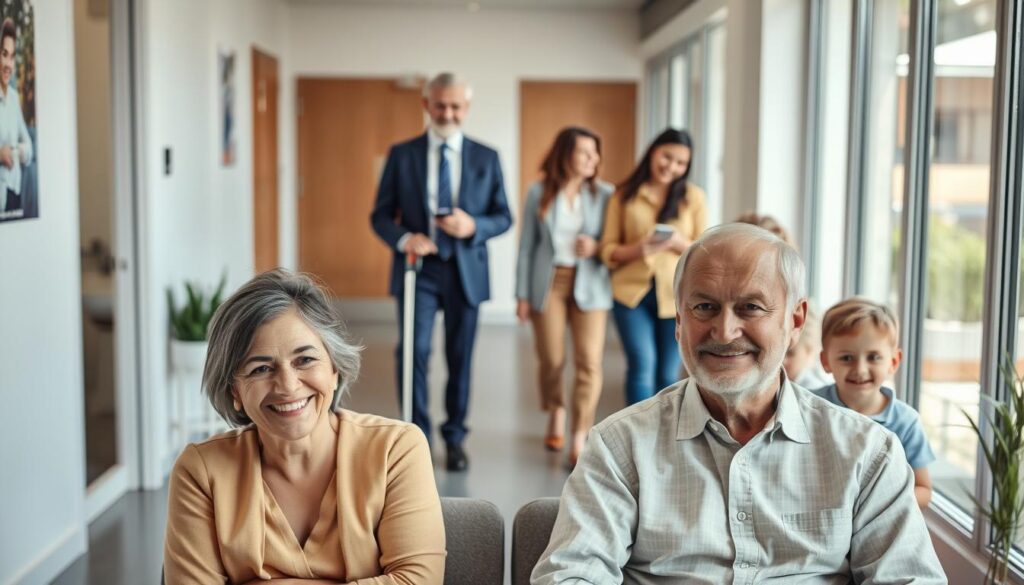 A diverse group of people representing a typical target audience for a dental clinic, captured in a warm, inviting scene. In the foreground, a middle-aged couple sits together, the woman smiling warmly while the man appears attentive. In the middle ground, a young professional in business attire stands, checking their phone, while an elderly person walks by, cane in hand. In the background, a family with young children enters the clinic, the parents guiding their kids. The lighting is soft and natural, with a hint of sunlight filtering through large windows. The composition is balanced, drawing the viewer's eye across the diverse range of individuals, conveying a sense of an inclusive, welcoming dental practice.
