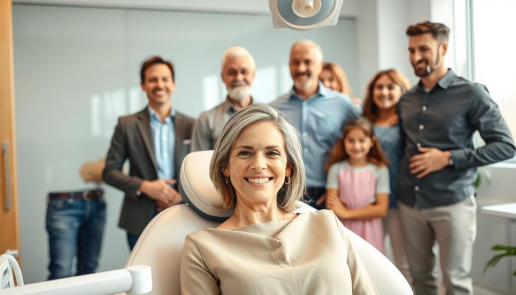 A diverse group of people, representing a wide range of demographics, standing together in a modern, well-lit dental office. The foreground features a middle-aged woman smiling warmly, sitting in a comfortable dental chair. Behind her, a young professional man and an elderly gentleman are engaged in conversation, showcasing the inclusive and welcoming atmosphere. In the background, a family with children of various ages is waiting patiently, reflecting the broad spectrum of the dental practice's target audience. The lighting is soft and natural, creating a calming and inviting ambiance. The overall scene conveys a sense of trust, professionalism, and a commitment to serving the diverse needs of the dental practice's patients.