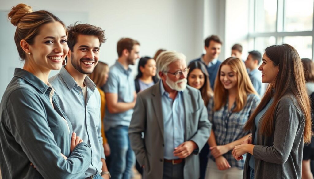 A diverse group of people, representing the target audience for dental marketing, gathered in a modern, well-lit office setting. In the foreground, a professional-looking woman in her 30s is smiling and engaging with a young, casually dressed man. In the middle ground, an elderly couple is discussing something intently with a younger woman. In the background, a group of diverse individuals, ranging from teenagers to middle-aged adults, are interacting and collaborating. The scene conveys a sense of energy, professionalism, and the diversity of the dental clinic's target market. The lighting is soft and natural, highlighting the subjects' expressions and creating a welcoming atmosphere.