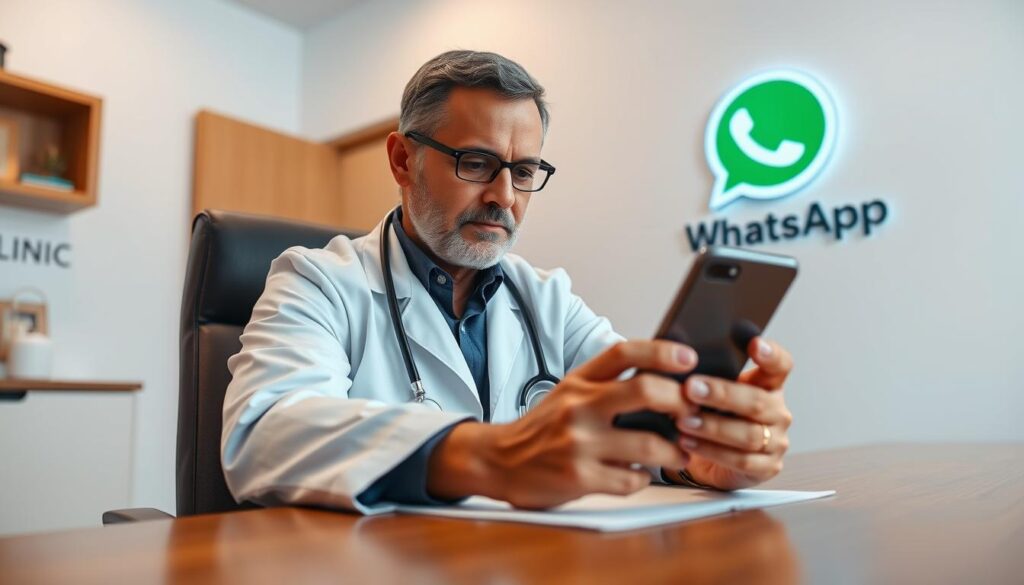 A doctor in a white coat sitting at a desk, intently focused on a smartphone displaying a WhatsApp conversation. The clinic's logo and branding elements subtly visible in the background, creating a professional, healthcare-focused atmosphere. Soft, natural lighting illuminates the scene, conveying a sense of warm, personalized patient care. The doctor's expression communicates care and attention as they engage with the patient through the digital platform. The composition highlights the importance of technology-enabled communication in modern medical practices.